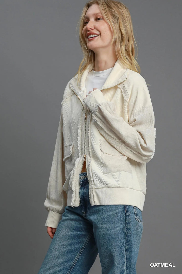 Umgee Two - Way Jacquard Zip - Up Jacket - Trendy Outerwear/Jackets in OATMEAL for Women | The802Gypsy