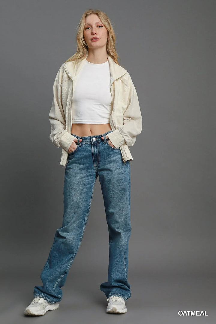 Umgee Two - Way Jacquard Zip - Up Jacket - Trendy Outerwear/Jackets in OATMEAL for Women | The802Gypsy
