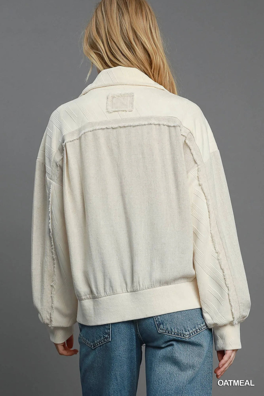 Umgee Two - Way Jacquard Zip - Up Jacket - Trendy Outerwear/Jackets in OATMEAL for Women | The802Gypsy