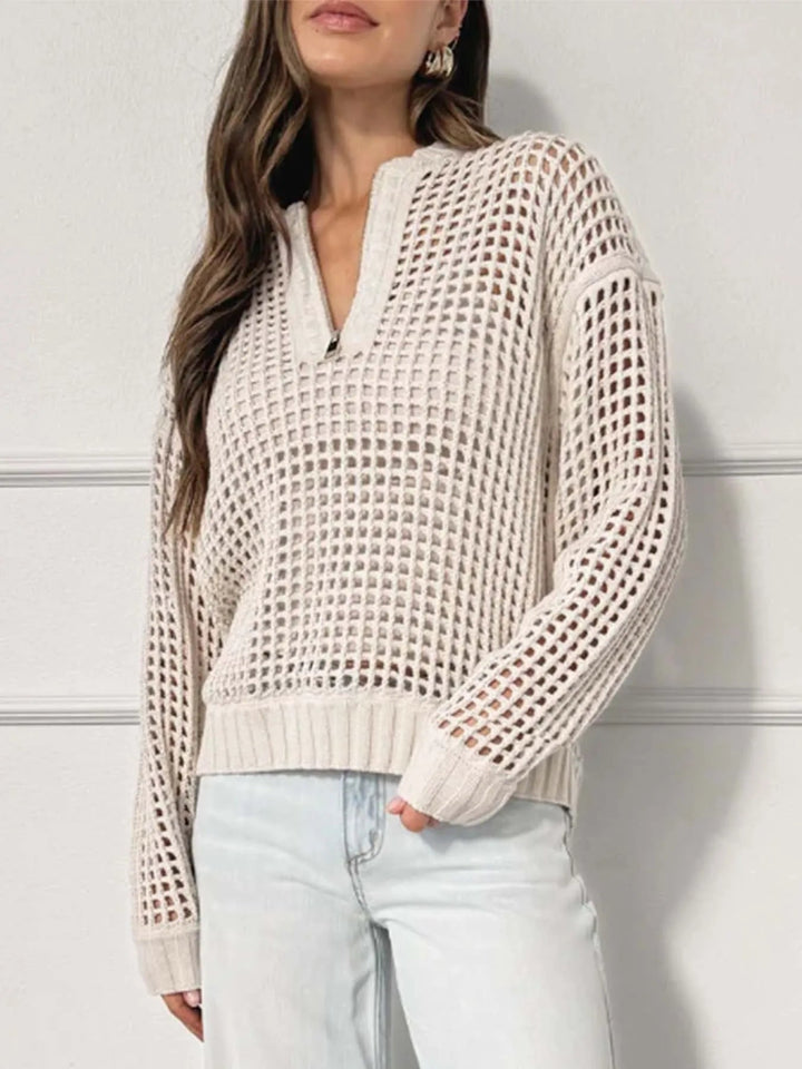 Half - Zip Detail Long Sleeve Sweater - Trendy Sweater in Beige for Women | The802Gypsy