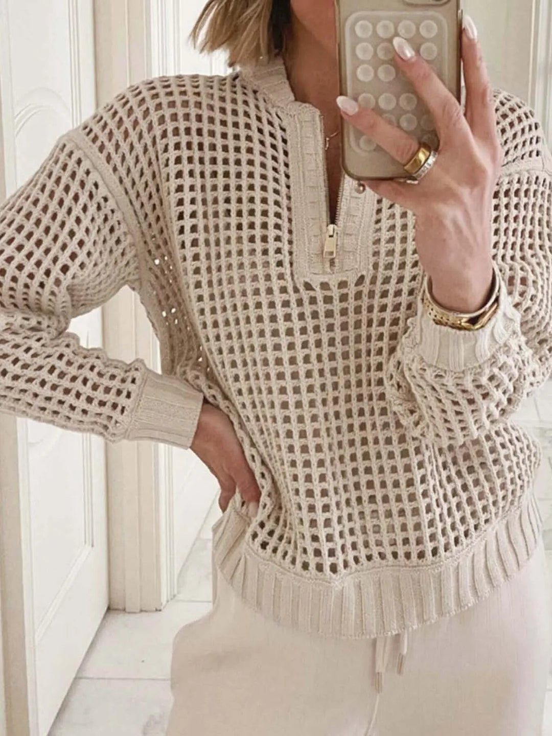 Half - Zip Detail Long Sleeve Sweater - Trendy Sweater in Beige for Women | The802Gypsy