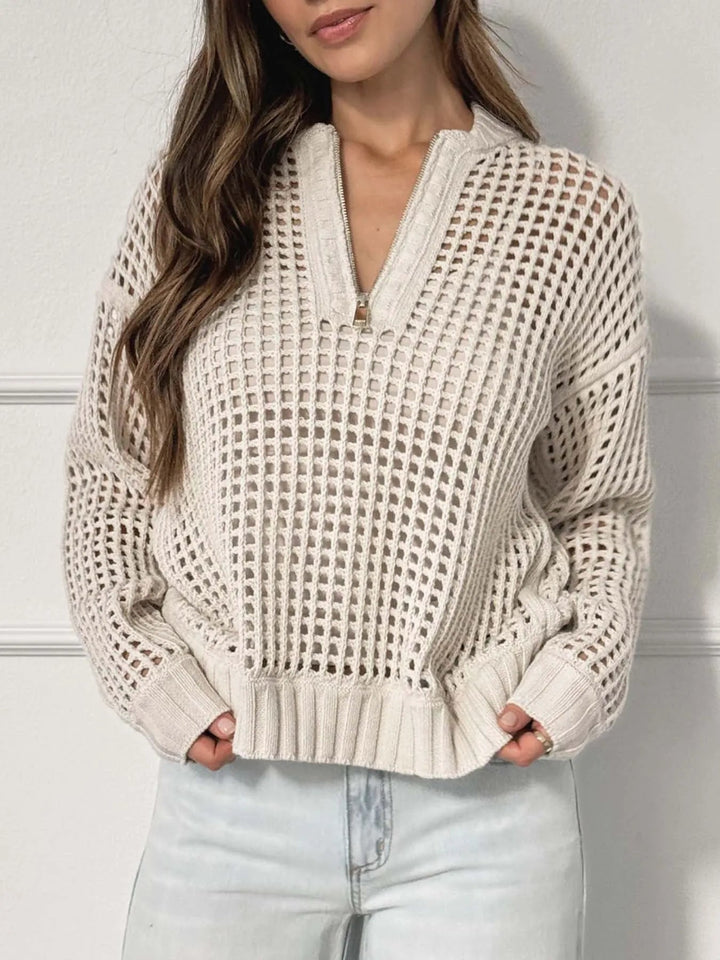 Half - Zip Detail Long Sleeve Sweater - Trendy Sweater in Beige for Women | The802Gypsy