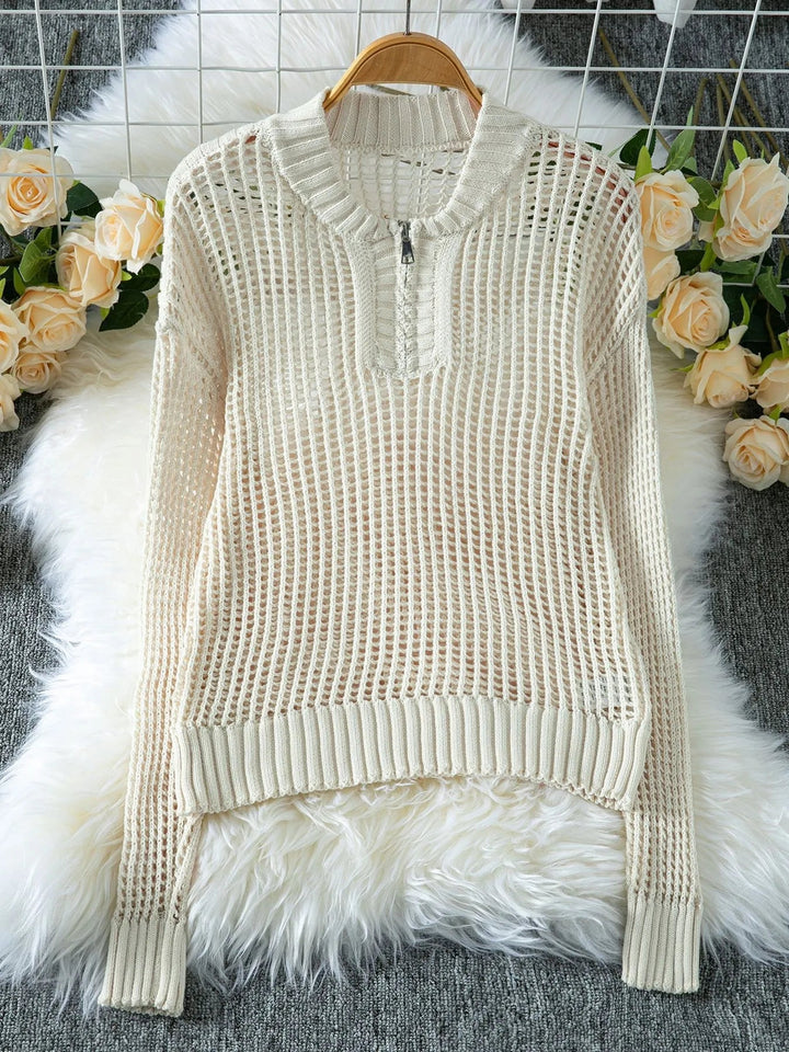 Half - Zip Detail Long Sleeve Sweater - Trendy Sweater in Beige for Women | The802Gypsy