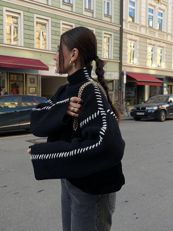 Contrast Color Stitching Long - Sleeve Sweater - Trendy Sweaters & Cardigans/Sweater in Black for Women | The802Gypsy