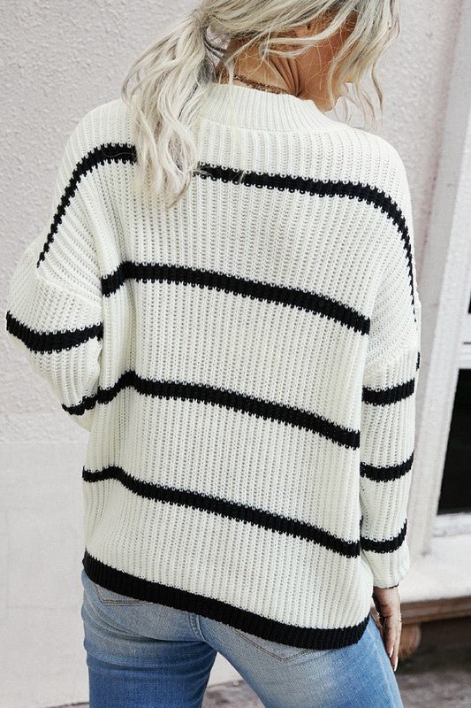 Striped Knit Long - Sleeved Sweater - Trendy Sweaters & Cardigans/Sweater in White for Women | The802Gypsy