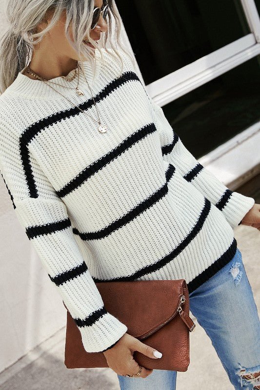 Striped Knit Long - Sleeved Sweater - Trendy Sweaters & Cardigans/Sweater in White for Women | The802Gypsy