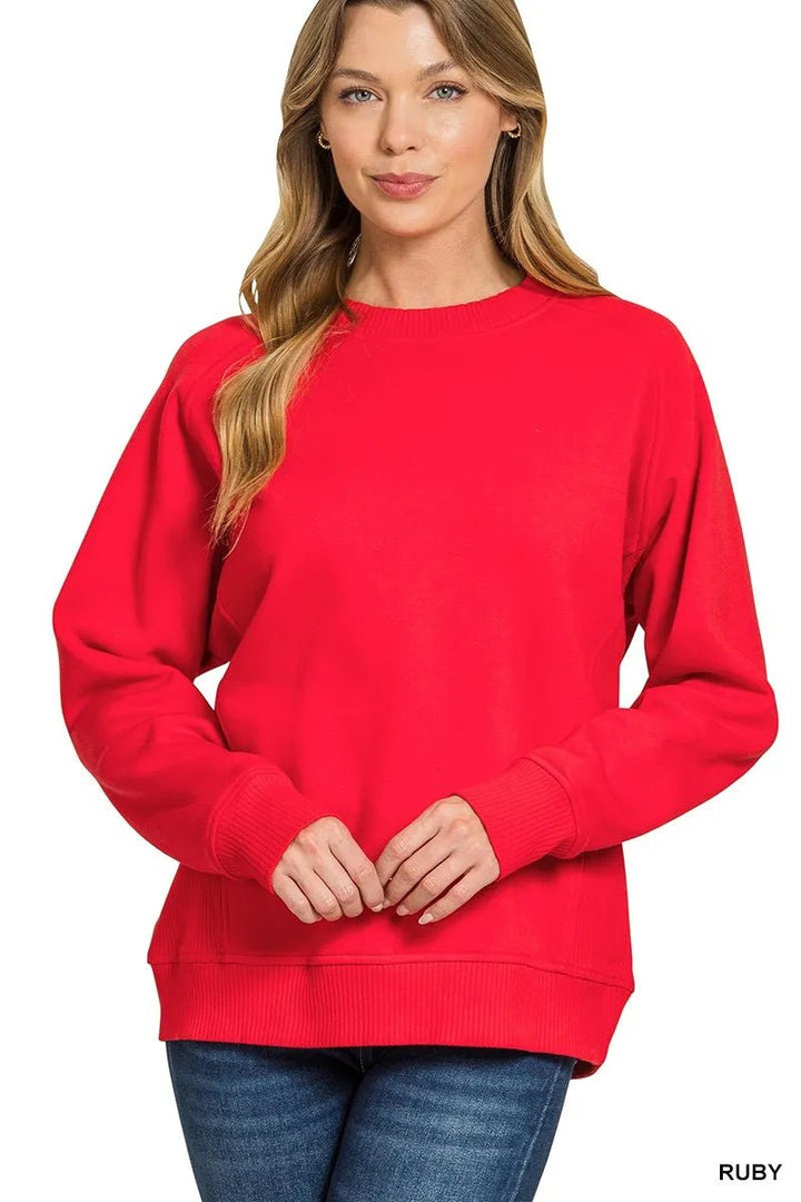 Zenana Fleece Round Neck Raglan Sweatshirt - Trendy Sweatshirt in RUBY for Women | The802Gypsy