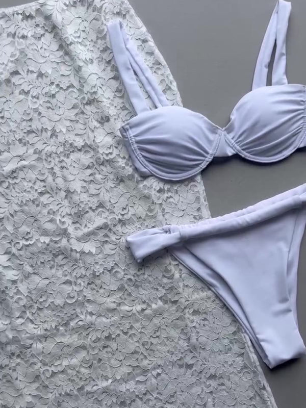 Lace Trim Bikini Three - Piece Set - Trendy Swimwear/Bikinis in White for Women | The802Gypsy