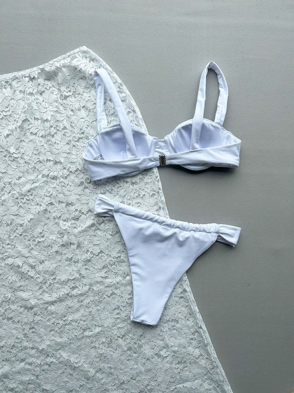 Lace Trim Bikini Three - Piece Set - Trendy Swimwear/Bikinis in White for Women | The802Gypsy