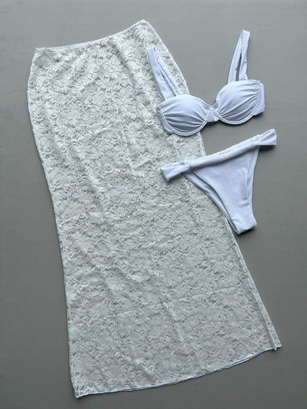 Lace Trim Bikini Three - Piece Set - Trendy Swimwear/Bikinis in White for Women | The802Gypsy