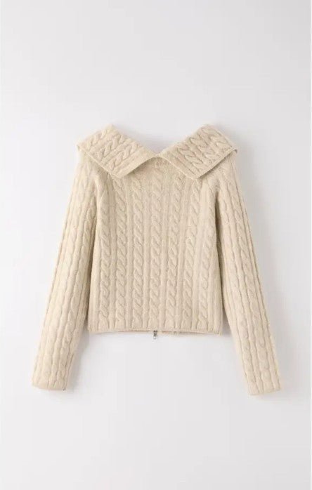 Miss Sparkling Vintage Cable Knit Zip Cardigan - Trendy Tops in Beige for Women | The802Gypsy