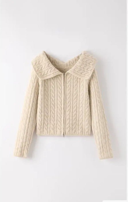 Miss Sparkling Vintage Cable Knit Zip Cardigan - Trendy Tops in Beige for Women | The802Gypsy