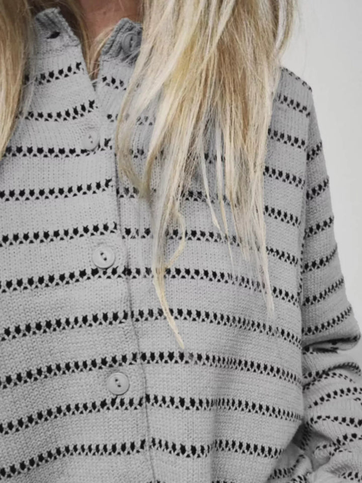 Striped Button Up Cardigan - Trendy Tops in Gray for Women | The802Gypsy