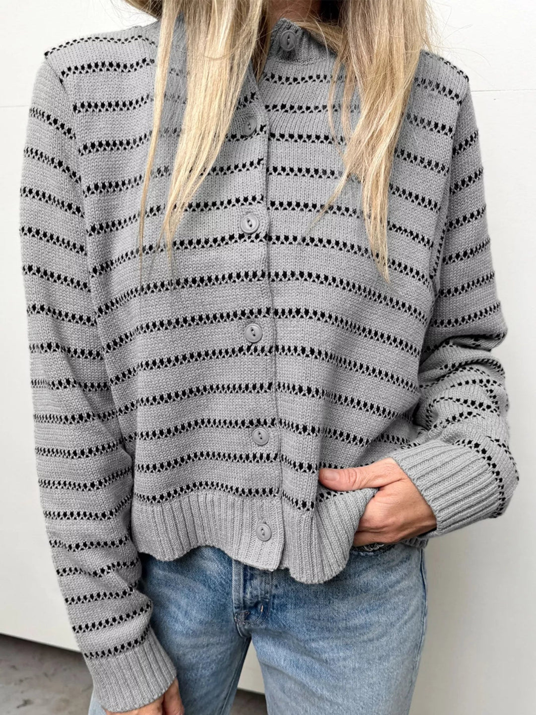 Striped Button Up Cardigan - Trendy Tops in Gray for Women | The802Gypsy