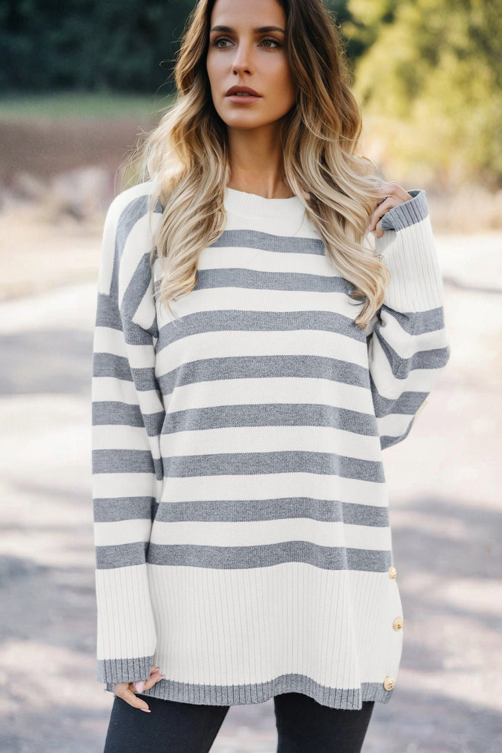 Gray Stripe Ribbed Buttoned Detail Long Style Sweater - Trendy Tops in Gray Stripe for Women | The802Gypsy