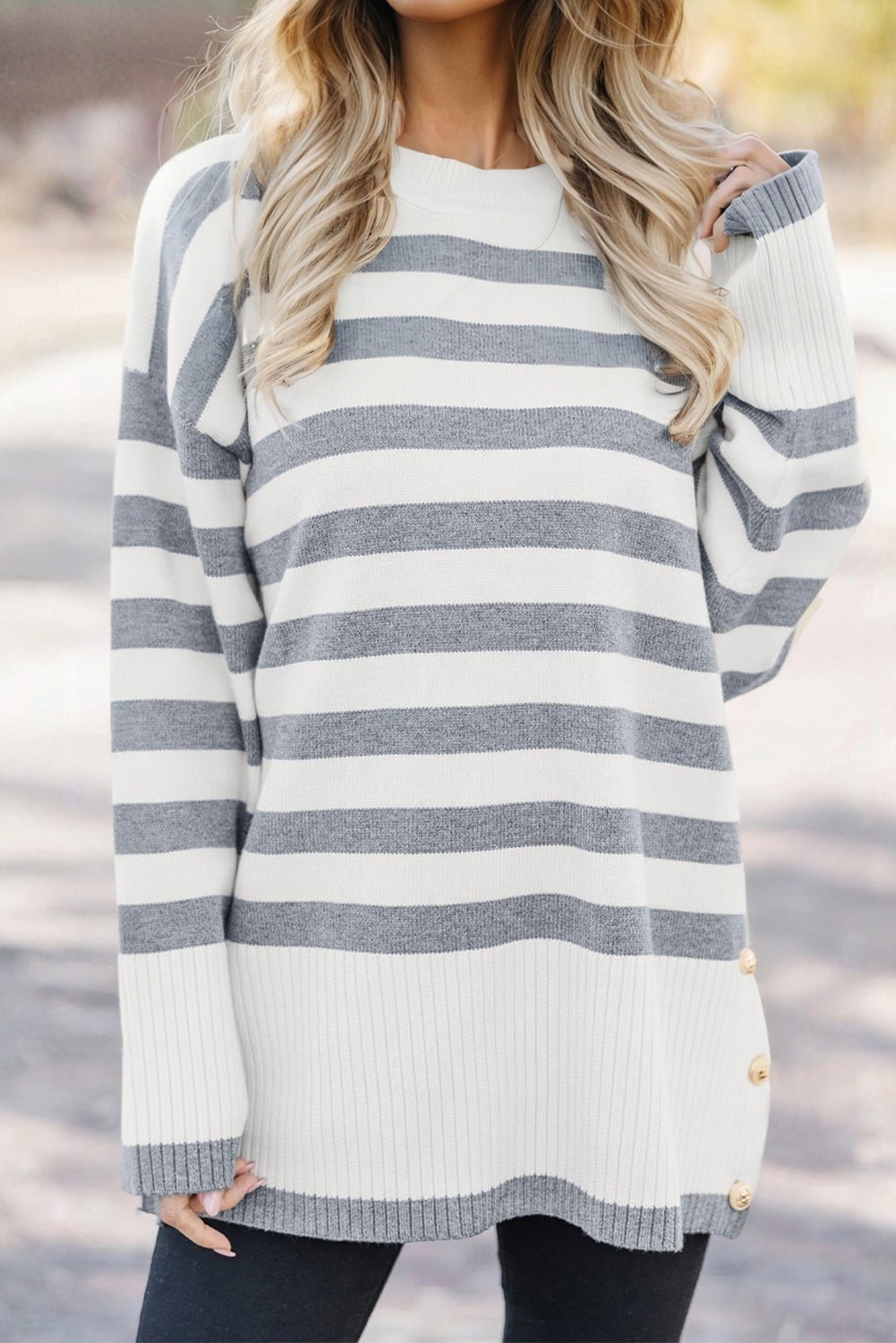 Gray Stripe Ribbed Buttoned Detail Long Style Sweater - Trendy Tops in Gray Stripe for Women | The802Gypsy