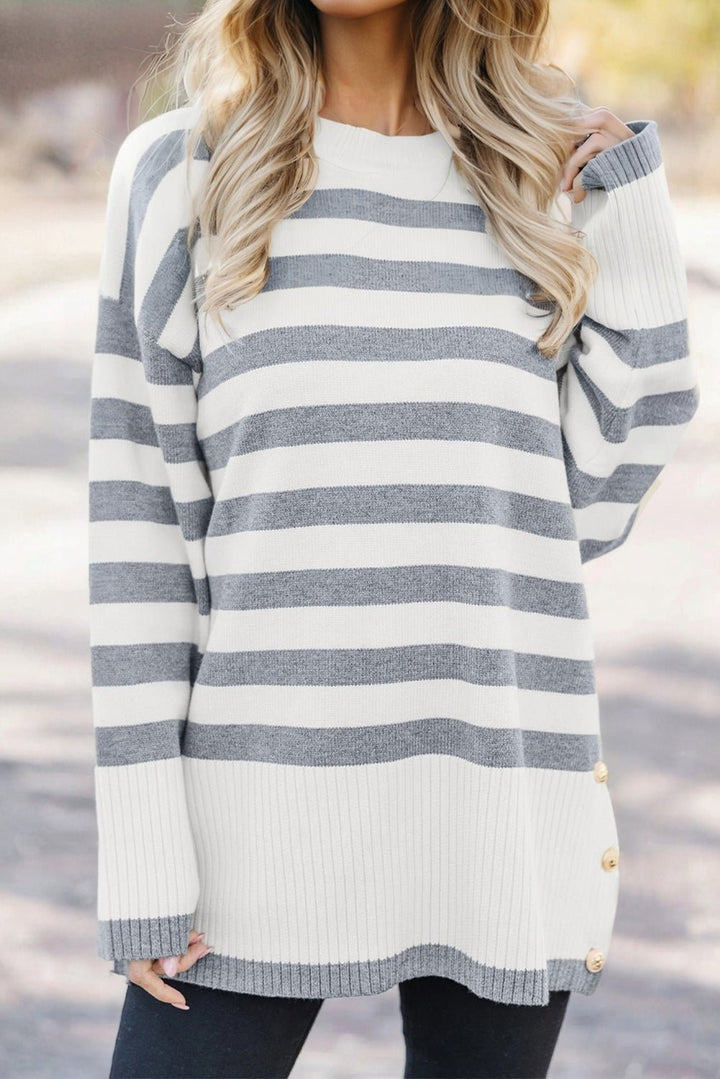Gray Stripe Ribbed Buttoned Detail Long Style Sweater - Trendy Tops in Gray Stripe for Women | The802Gypsy