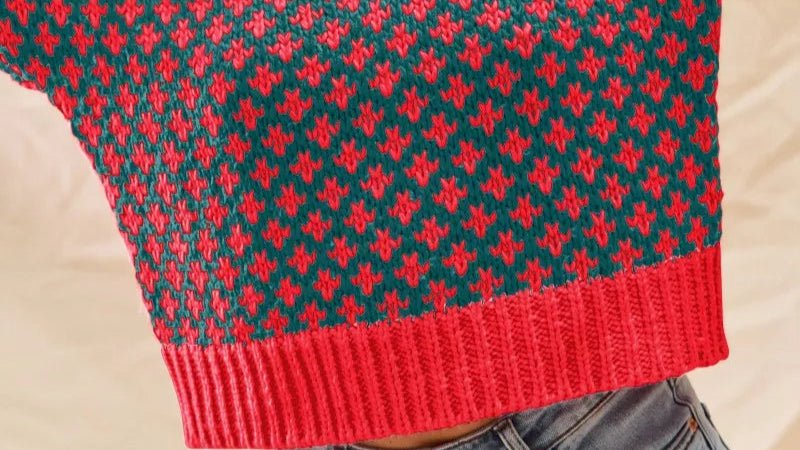 SO ME Color Block Textured Christmas Sweater V Neck Top - Trendy Tops in HUNTER/RED for Women | The802Gypsy