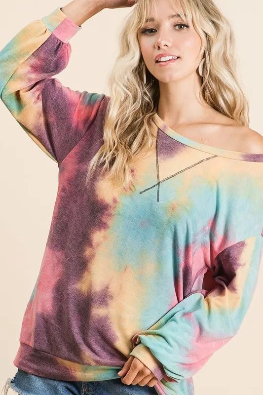 BiBi Tie Dye Print French Terry Sweatshirt - Trendy Tops in MINT MULTI for Women | The802Gypsy