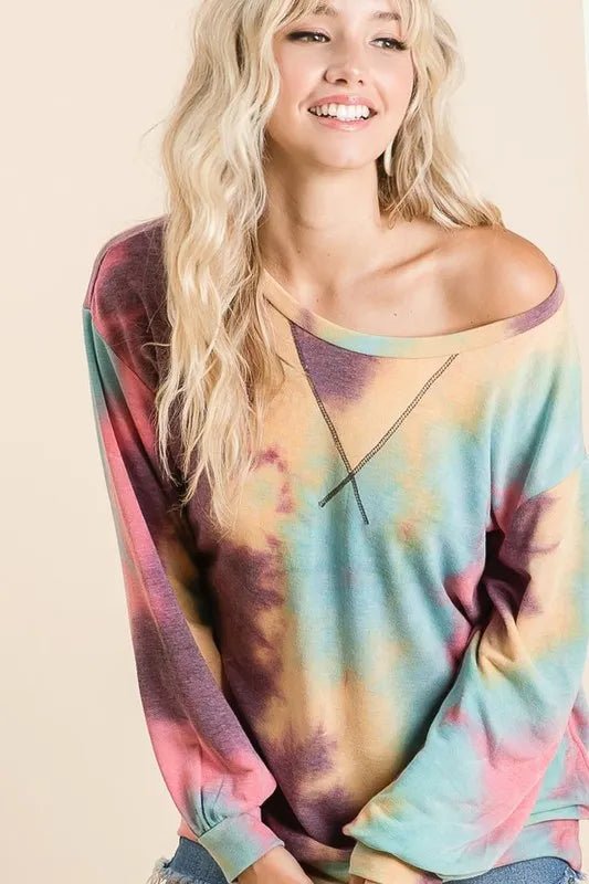 BiBi Tie Dye Print French Terry Sweatshirt - Trendy Tops in MINT MULTI for Women | The802Gypsy