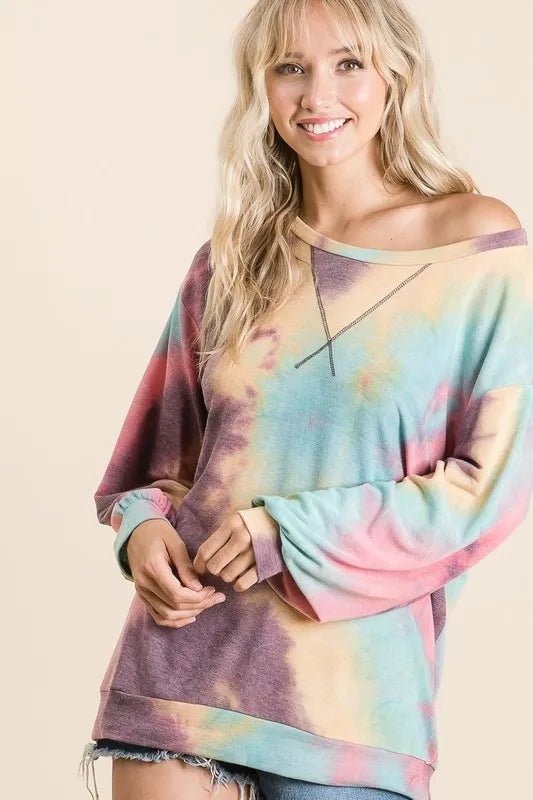 BiBi Tie Dye Print French Terry Sweatshirt - Trendy Tops in MINT MULTI for Women | The802Gypsy