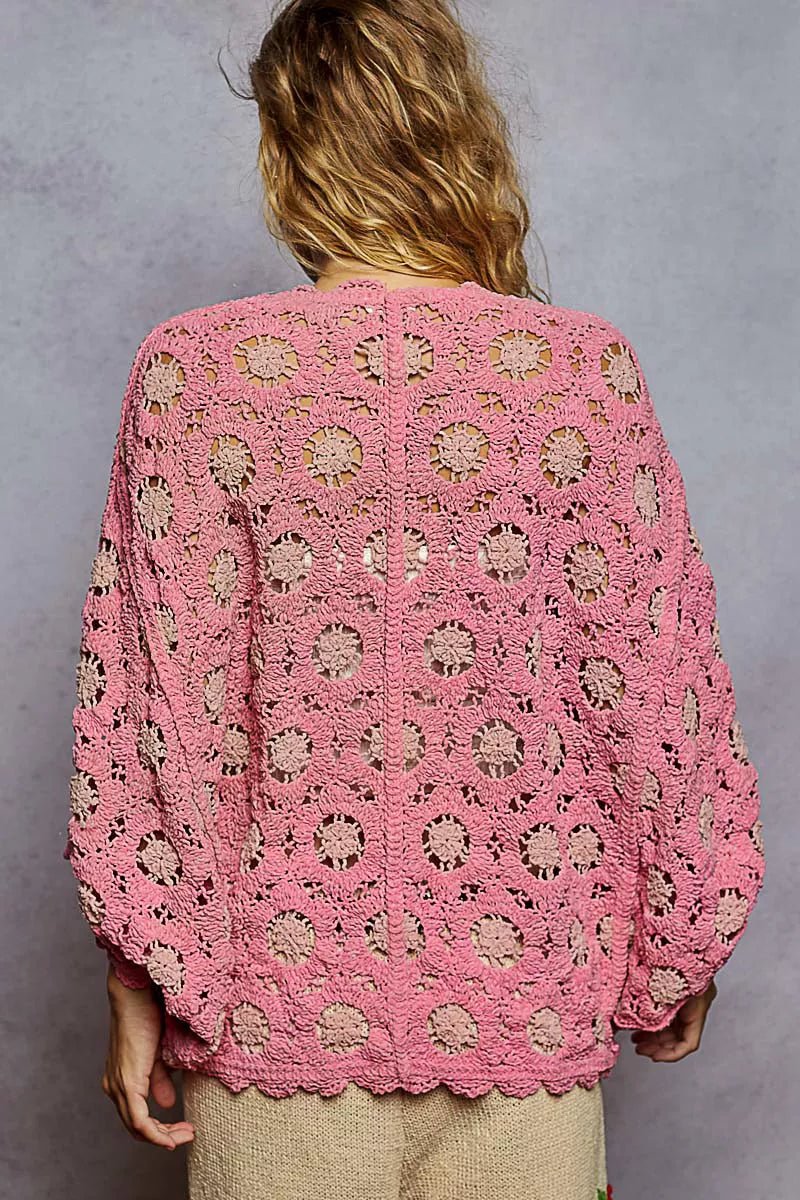 POL V - Neck Chenille Cardigan with Contrast Floral Design - Trendy Tops in PINK/BLUSH for Women | The802Gypsy