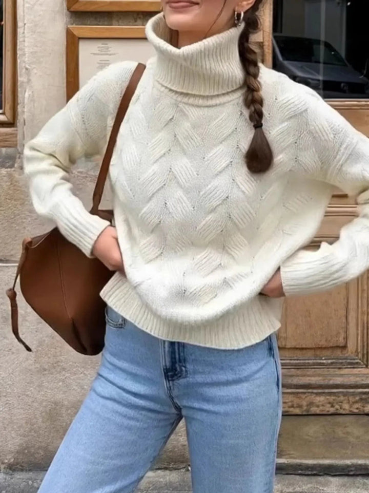 Ribbed Hem Turtleneck Long Sleeve Sweater - Trendy Tops in White for Women | The802Gypsy