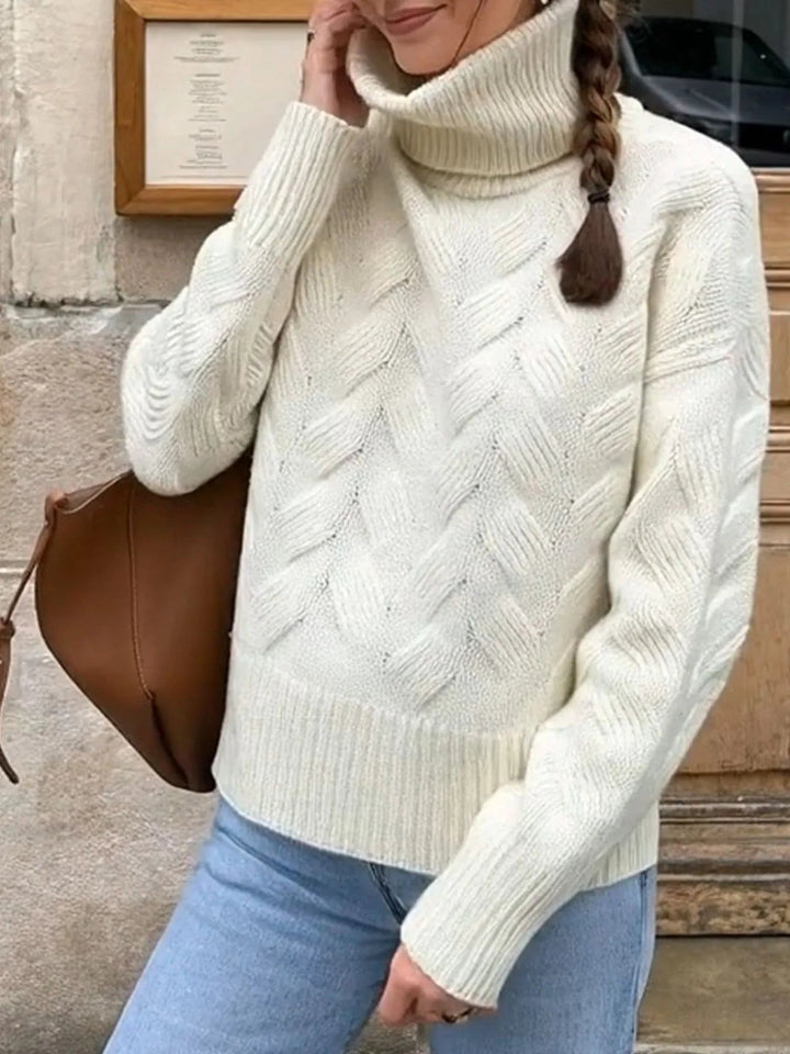 Ribbed Hem Turtleneck Long Sleeve Sweater - Trendy Tops in White for Women | The802Gypsy