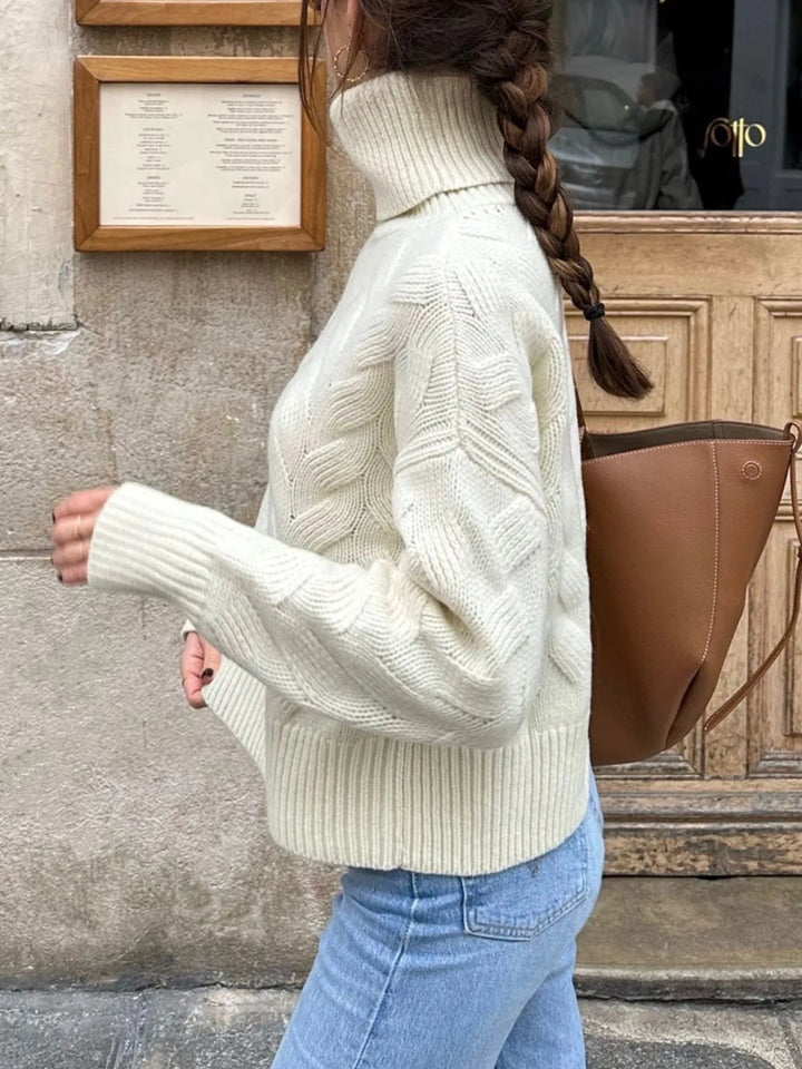 Ribbed Hem Turtleneck Long Sleeve Sweater - Trendy Tops in White for Women | The802Gypsy
