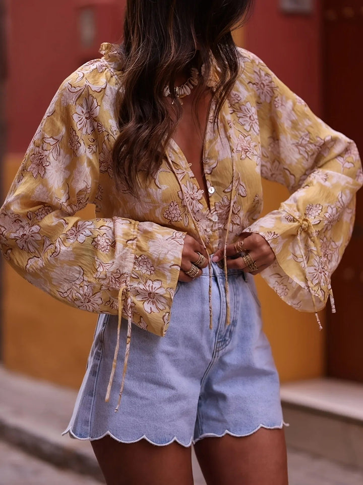 Printed Tie Neck Flounce Sleeve Blouse - Trendy Tops in Yellow for Women | The802Gypsy