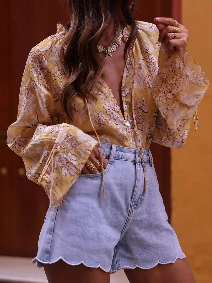 Printed Tie Neck Flounce Sleeve Blouse - Trendy Tops in Yellow for Women | The802Gypsy