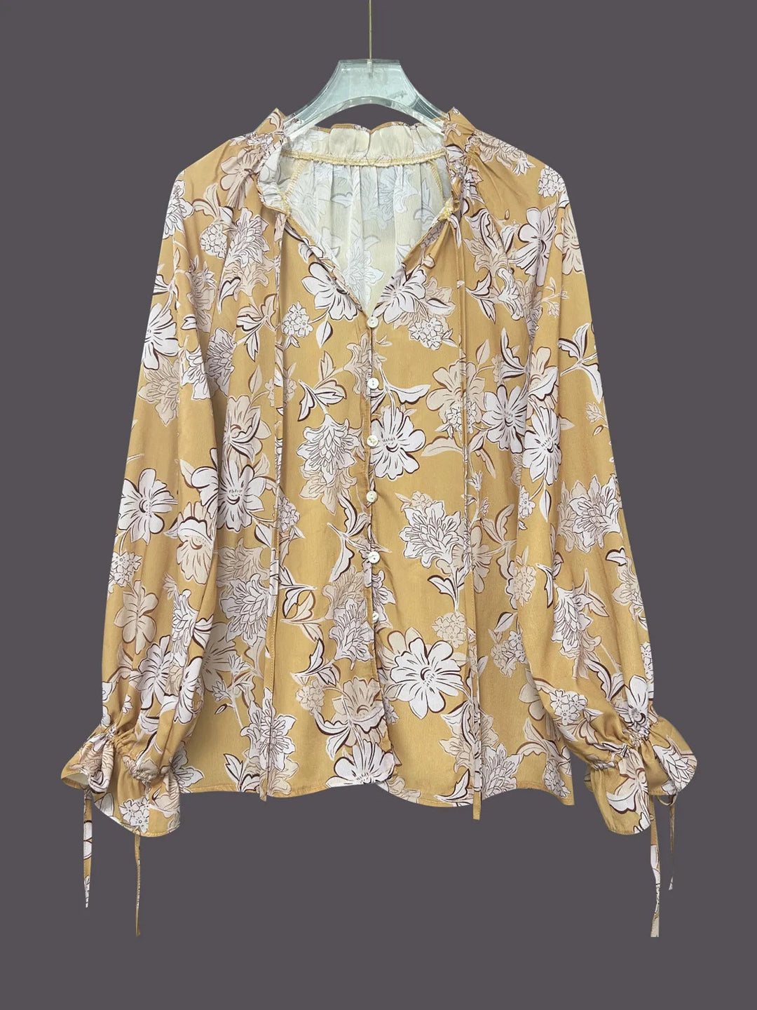Printed Tie Neck Flounce Sleeve Blouse - Trendy Tops in Yellow for Women | The802Gypsy