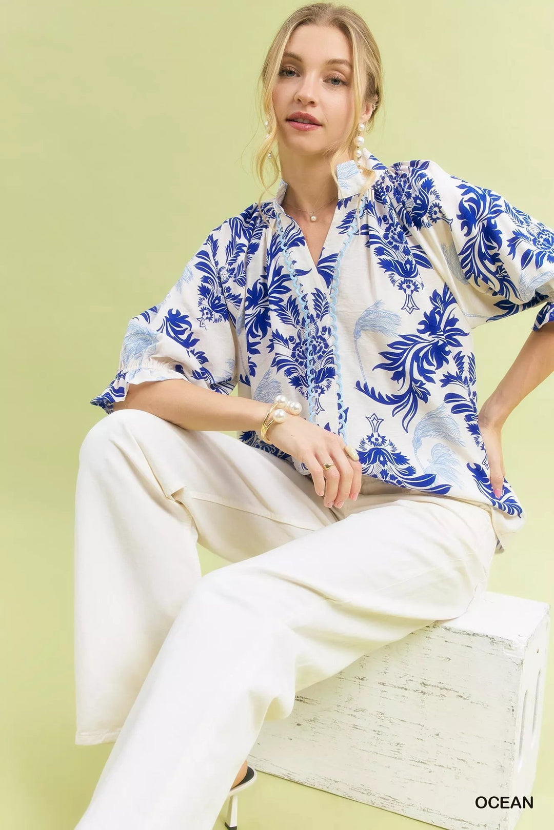 Umgee Leafy Damask Scalloped Blouse - Trendy Tops/Blouses & Shirts in Ocean Blue for Women | The802Gypsy