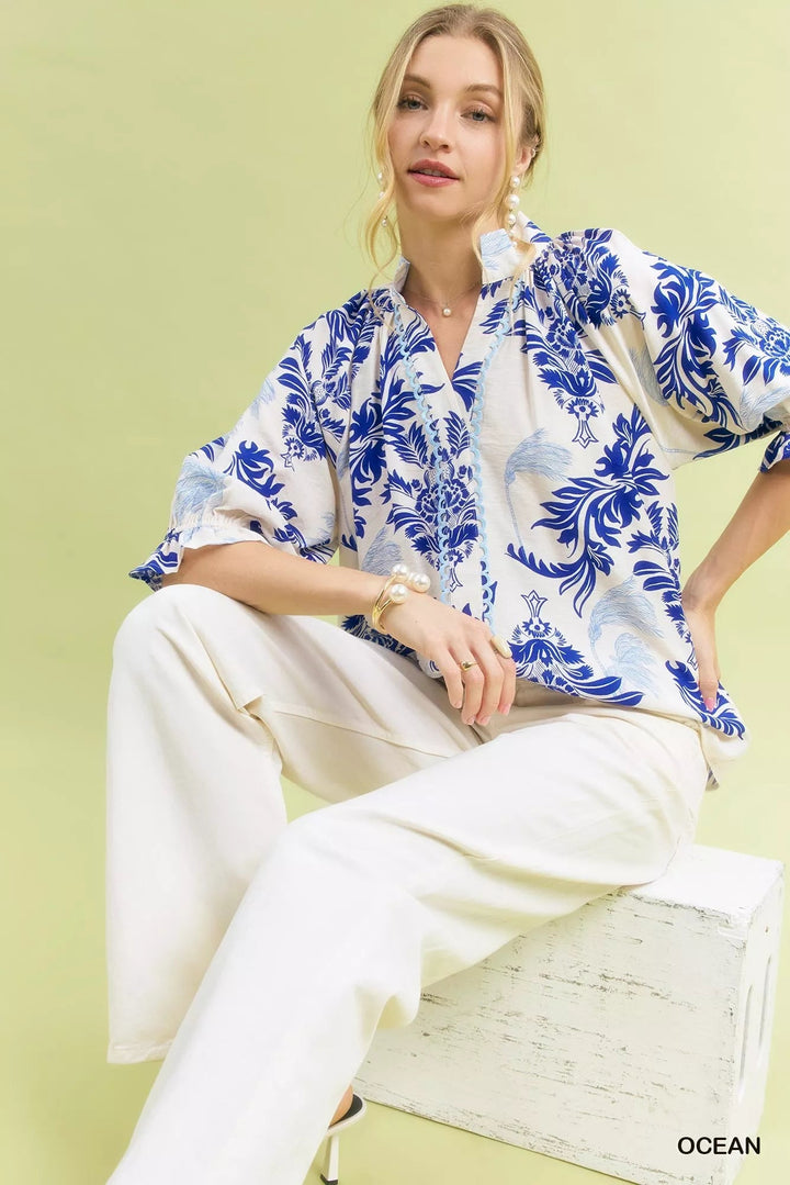 Umgee Leafy Damask Scalloped Blouse - Trendy Tops/Blouses & Shirts in Ocean Blue for Women | The802Gypsy