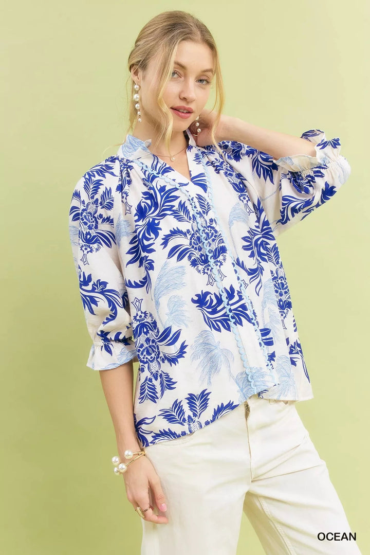Umgee Leafy Damask Scalloped Blouse - Trendy Tops/Blouses & Shirts in Ocean Blue for Women | The802Gypsy