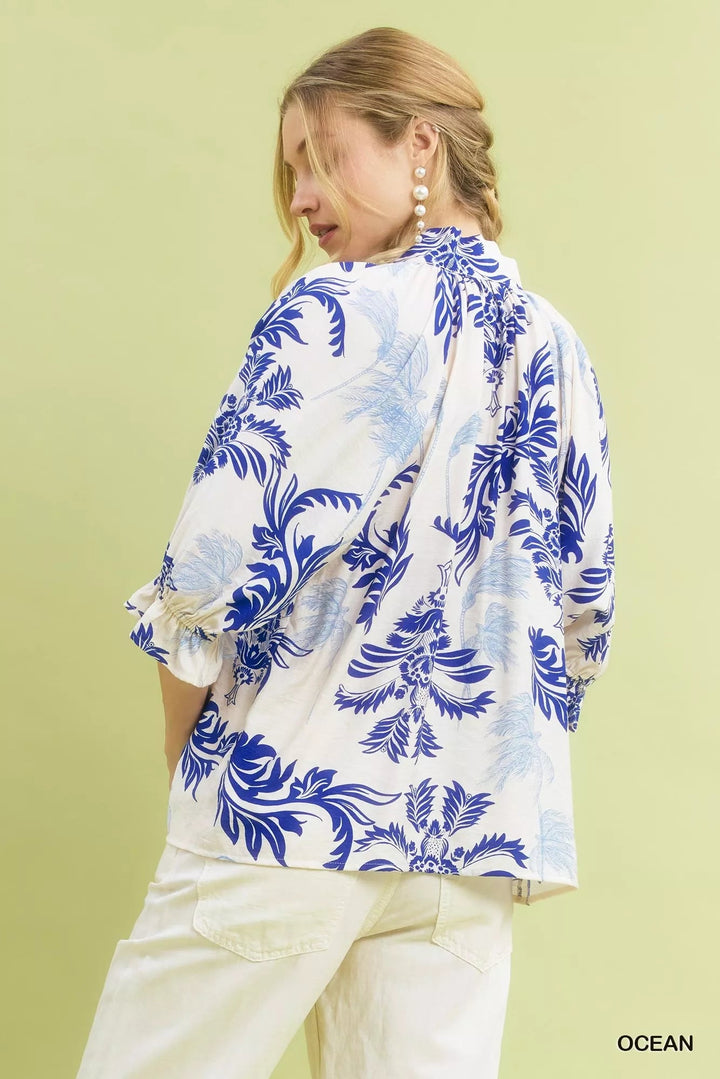 Umgee Leafy Damask Scalloped Blouse - Trendy Tops/Blouses & Shirts in Ocean Blue for Women | The802Gypsy