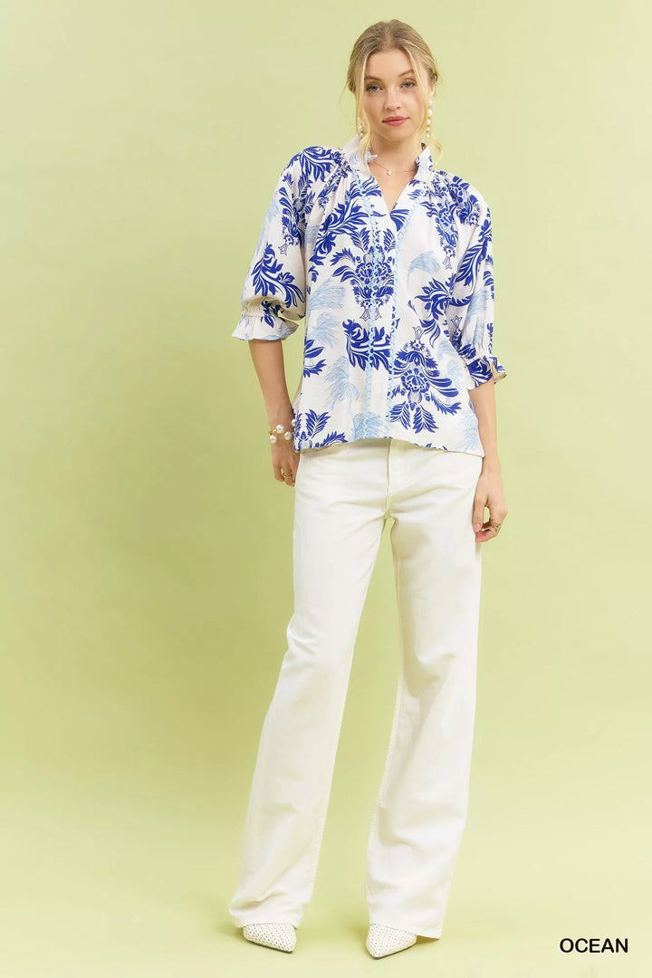 Umgee Leafy Damask Scalloped Blouse - Trendy Tops/Blouses & Shirts in Ocean Blue for Women | The802Gypsy