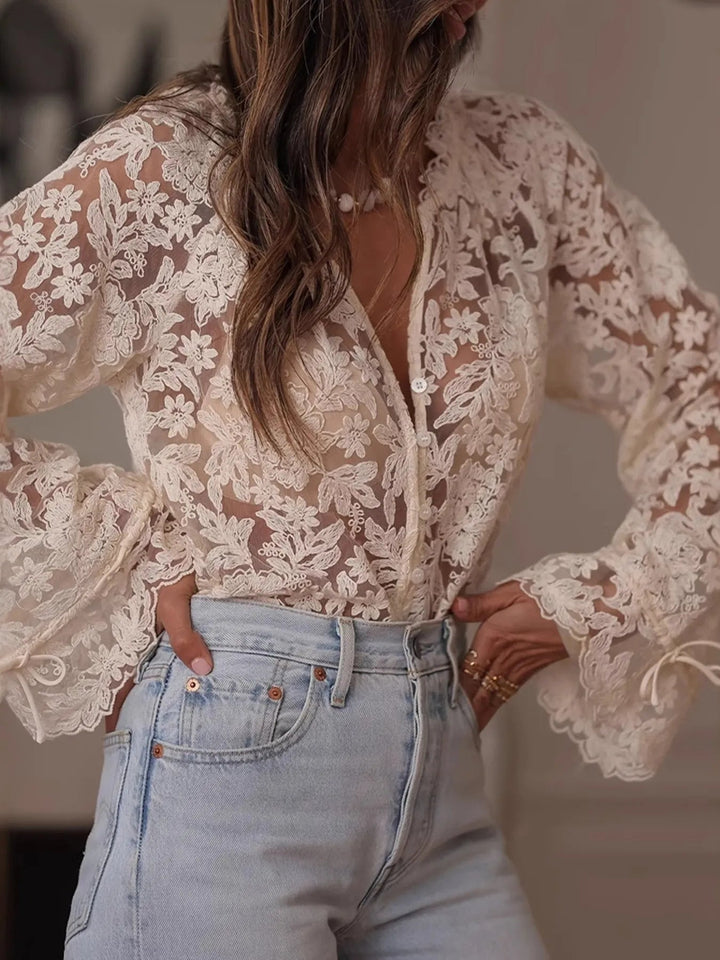 Lace Button - Up Long Sleeve Shirt - Trendy Tops/Blouses & Shirts in Off - white for Women | The802Gypsy