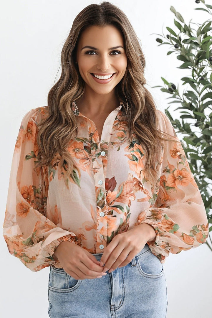 Floral Puff Sleeve Lightweight Blouse - Trendy Tops/Blouses & Shirts in Orange for Women | The802Gypsy