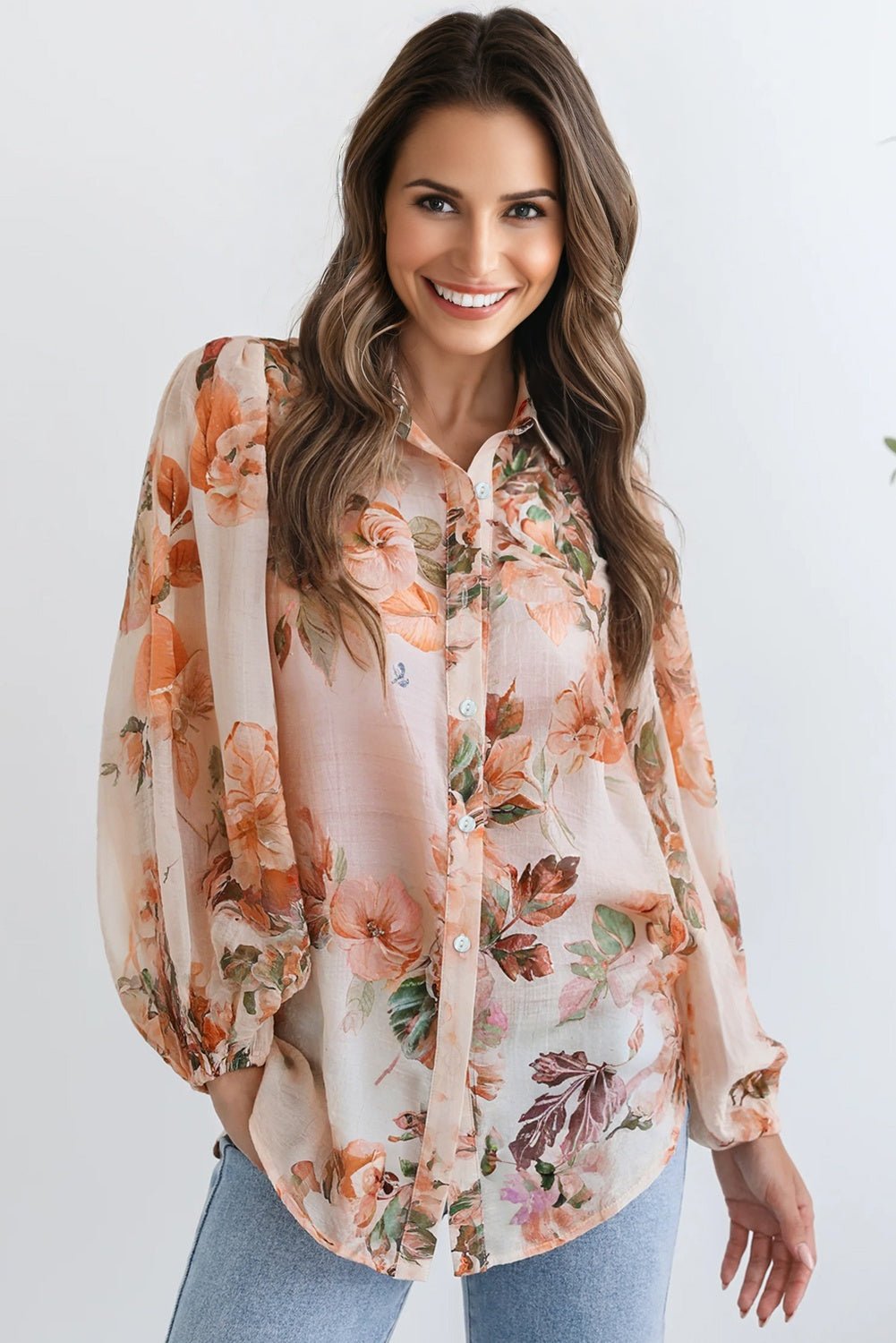 Floral Puff Sleeve Lightweight Blouse - Trendy Tops/Blouses & Shirts in Orange for Women | The802Gypsy