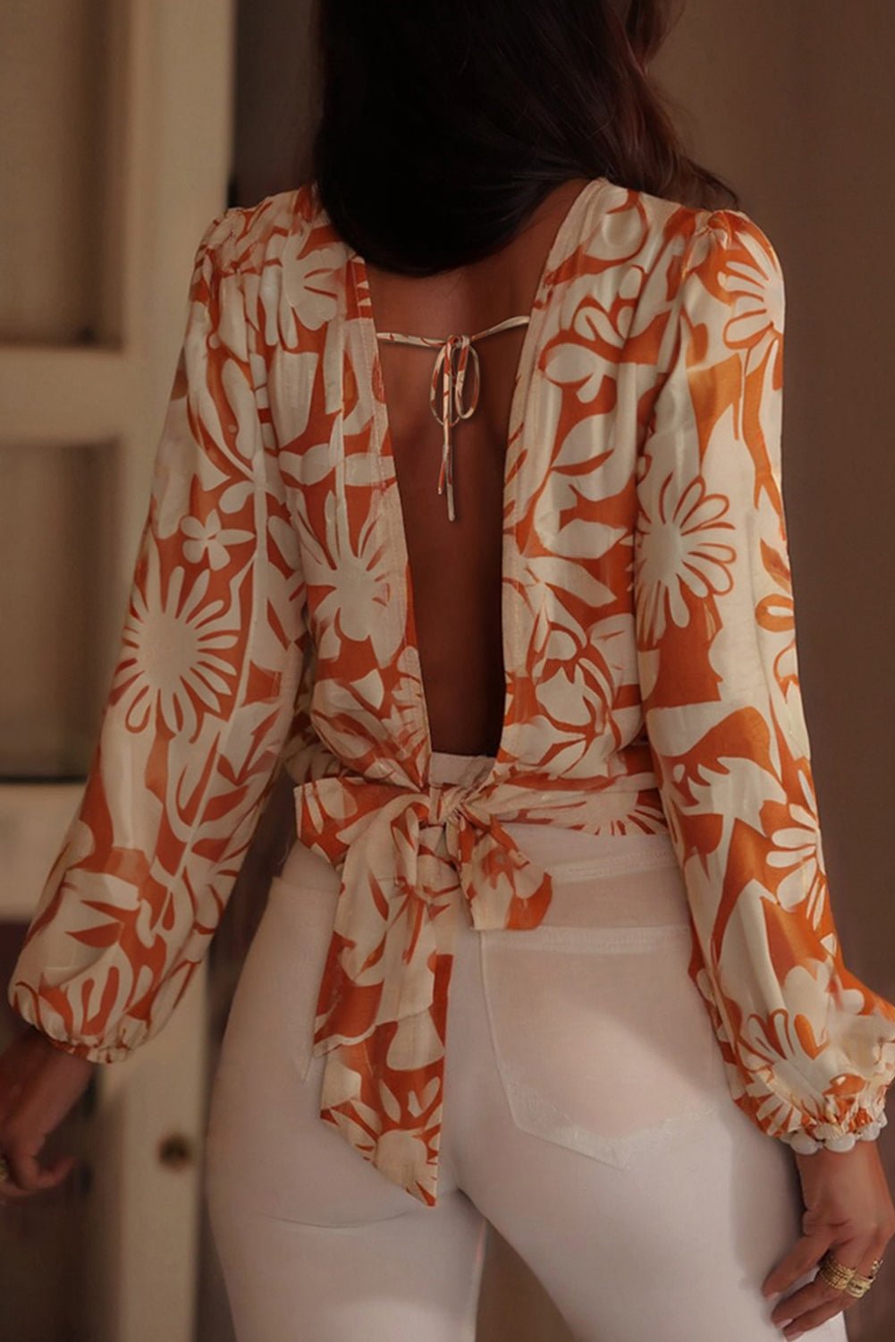 Long Sleeve Open Back Blouse Floral - Trendy Tops/Blouses & Shirts in Orange for Women | The802Gypsy