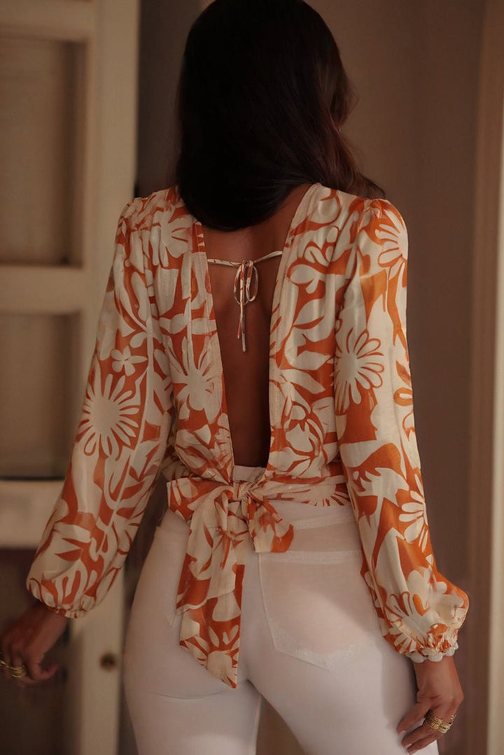 Long Sleeve Open Back Blouse Floral - Trendy Tops/Blouses & Shirts in Orange for Women | The802Gypsy