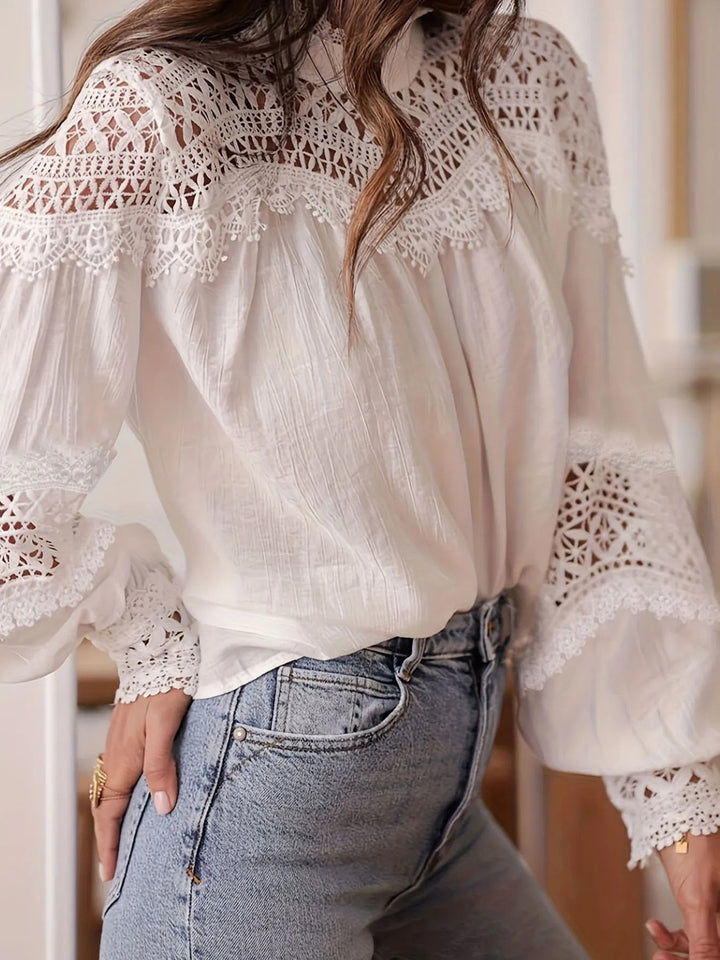 Crochet Lace Detail Long Sleeve Blouse - Trendy Tops/Blouses & Shirts in White for Women | The802Gypsy