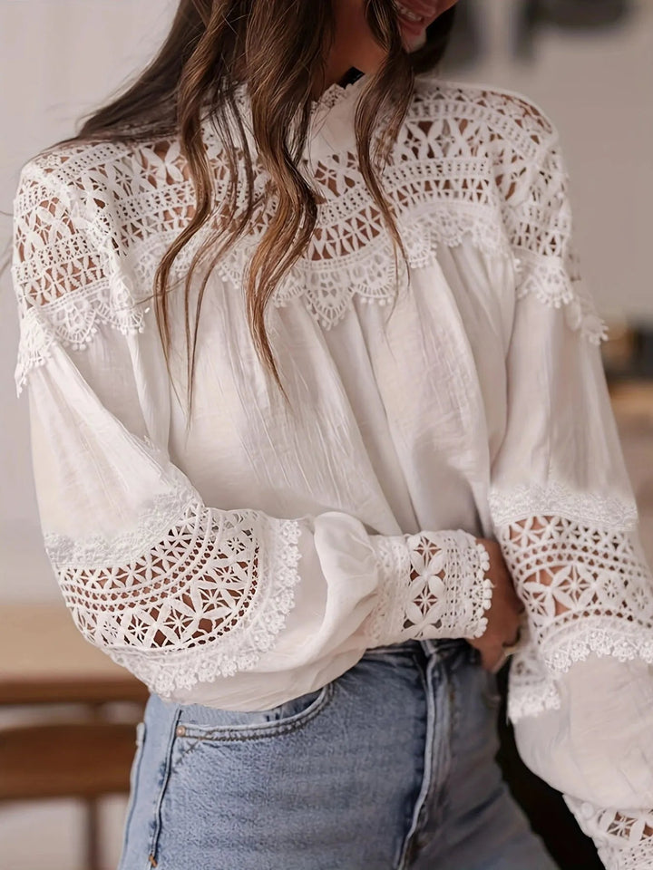 Crochet Lace Detail Long Sleeve Blouse - Trendy Tops/Blouses & Shirts in White for Women | The802Gypsy