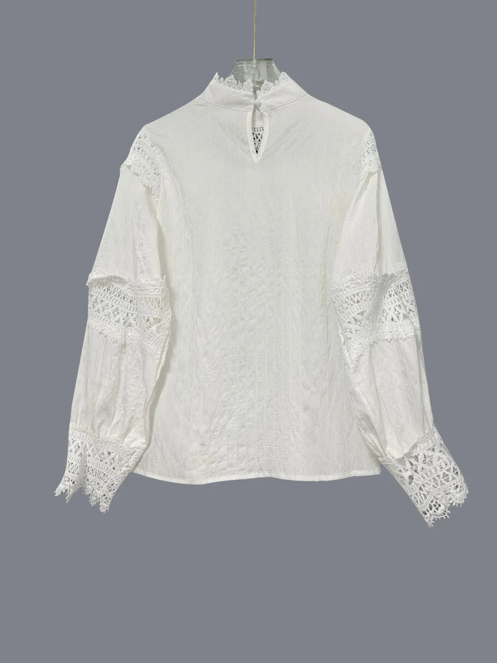 Crochet Lace Detail Long Sleeve Blouse - Trendy Tops/Blouses & Shirts in White for Women | The802Gypsy