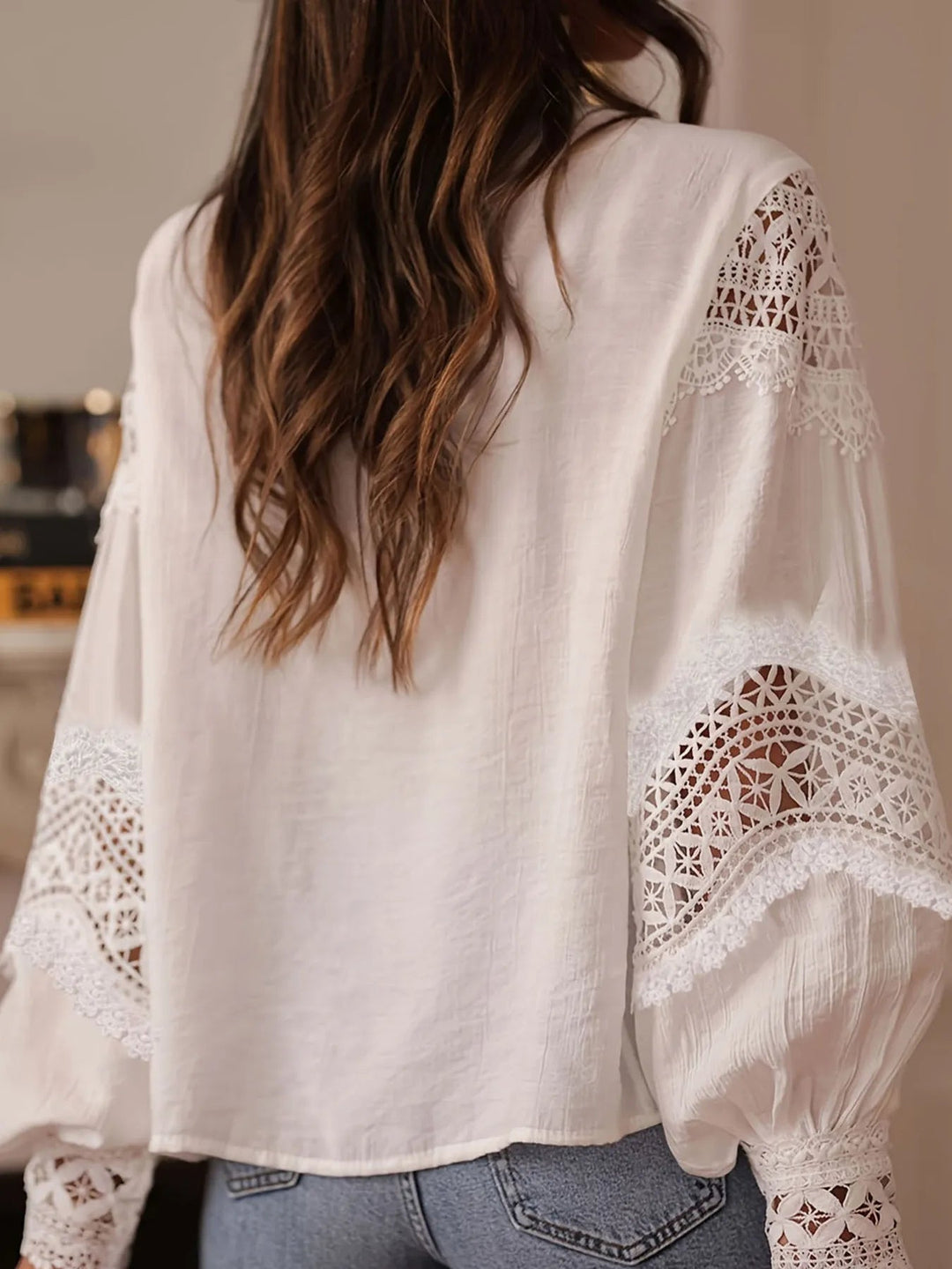 Crochet Lace Detail Long Sleeve Blouse - Trendy Tops/Blouses & Shirts in White for Women | The802Gypsy