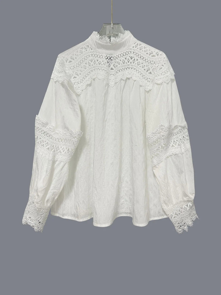Crochet Lace Detail Long Sleeve Blouse - Trendy Tops/Blouses & Shirts in White for Women | The802Gypsy