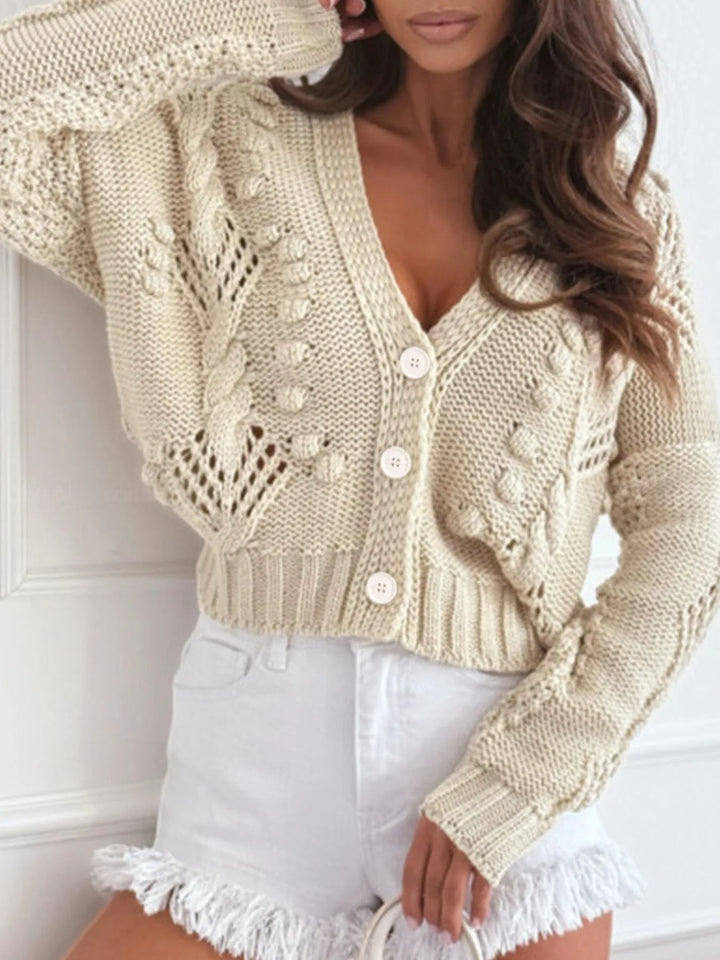 Chunky Cropped Button - Up Sweater Cardigan - Trendy Tops/Sweaters in Beige for Women | The802Gypsy