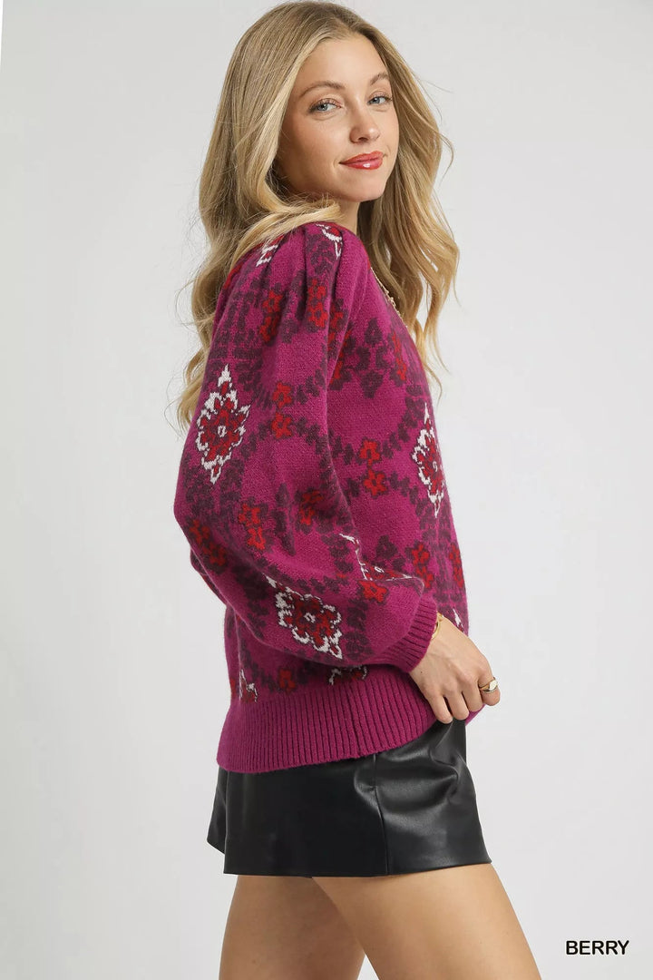 Umgee Boho Patterned Jacquard Sweater - Trendy Tops/Sweaters in BERRY for Women | The802Gypsy