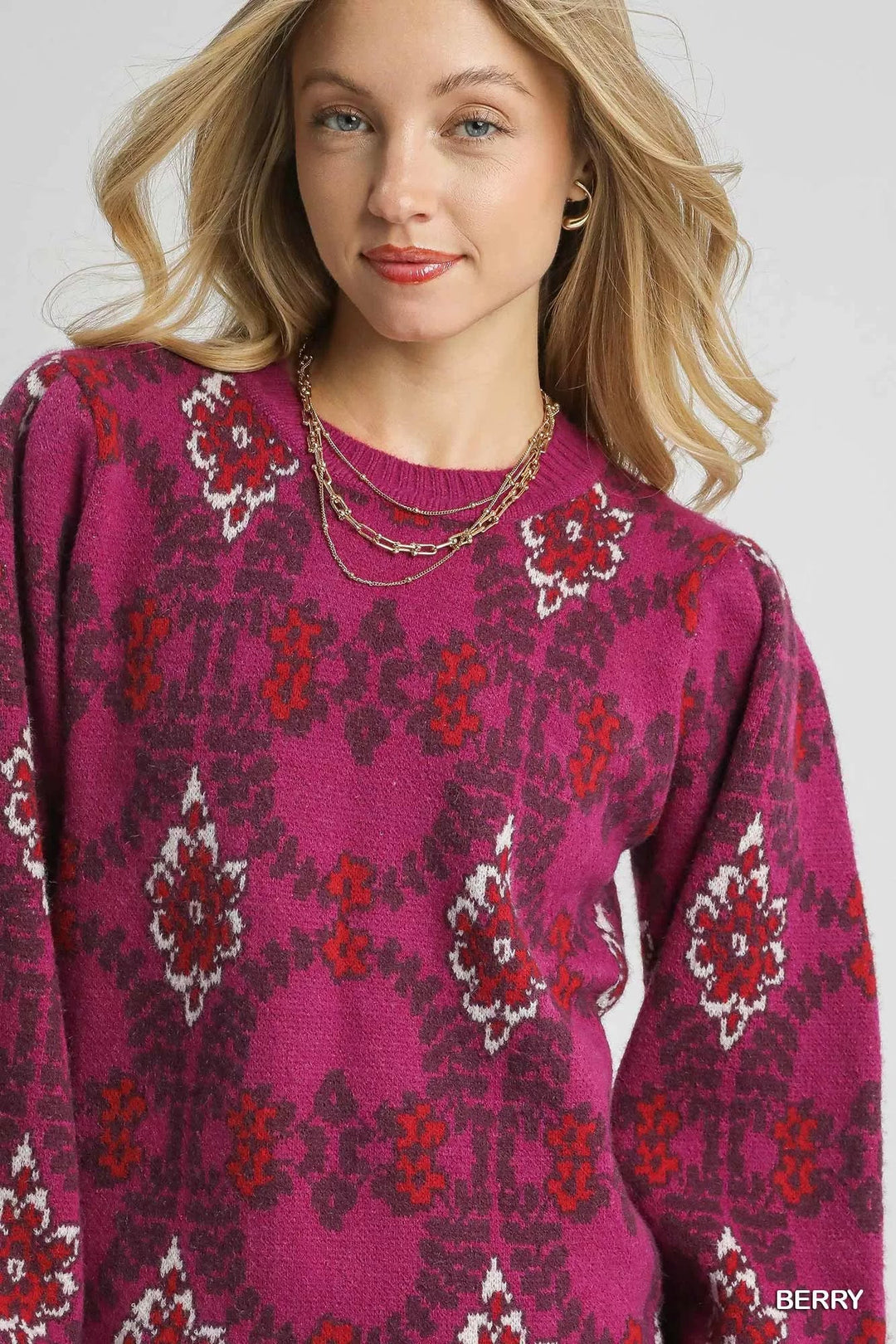 Umgee Boho Patterned Jacquard Sweater - Trendy Tops/Sweaters in BERRY for Women | The802Gypsy